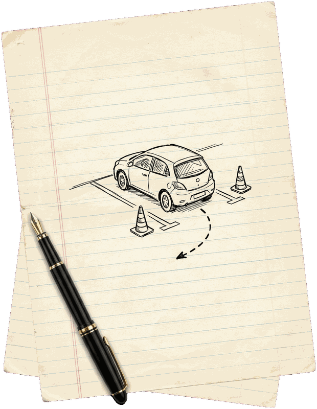 A pencil sketch on lined paper of a car reversing into a parking bay between two cones